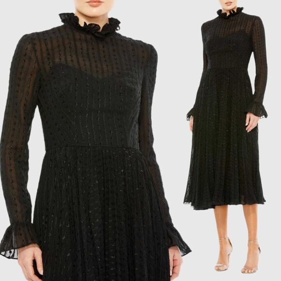 Mac Duggal 49627‎ Size 6 Black High Neck Long Sleeve Ruffle Midi Tea Dress - Picture 2 of 5